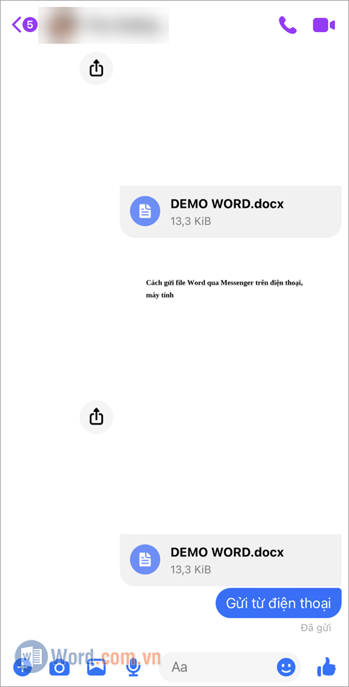 Hoàn thành việc chia sẻ file Word trên điện thoại iPhone, iPad thông qua ứng dụng Messenger
