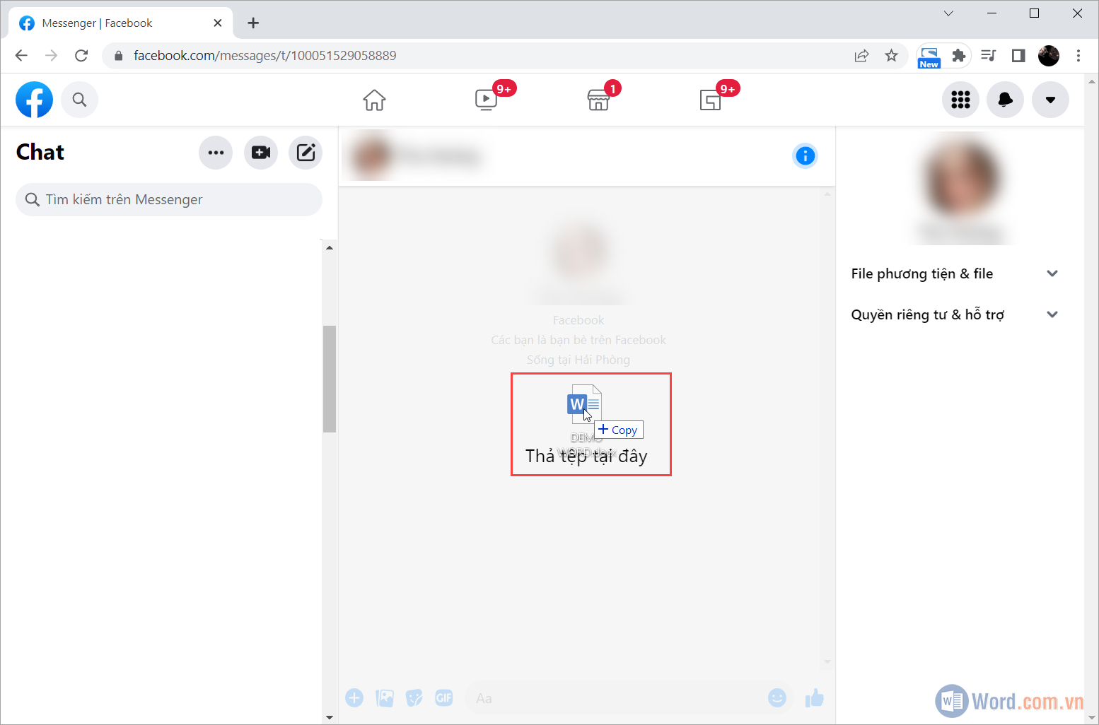 Kéo thả file Word muốn gửi từ máy tính vào trong cửa sổ chat của Messenger