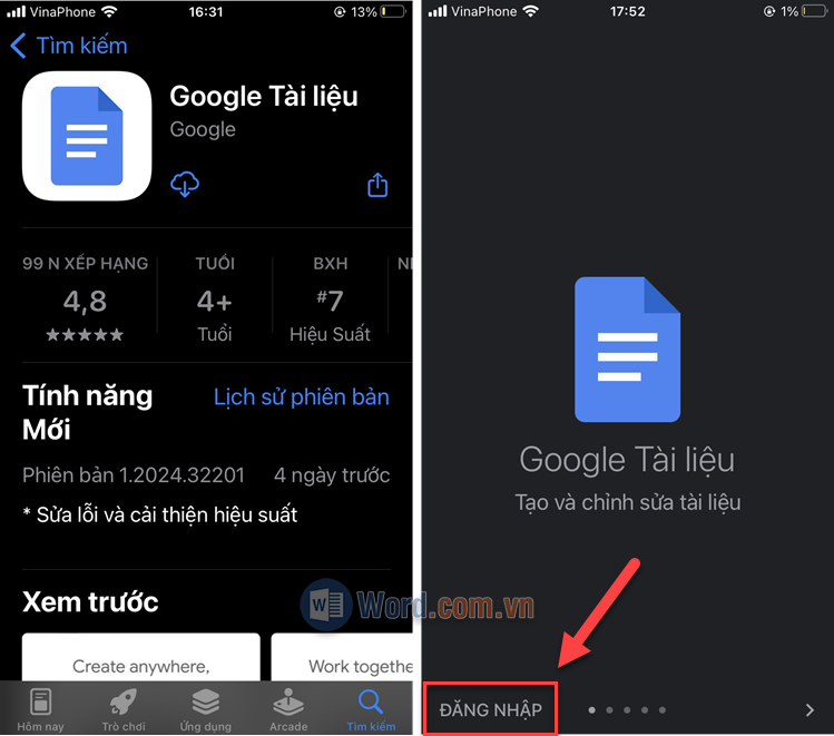 Mở ứng dụng Google Tài Liệu và đăng nhập bằng tài khoản Google của bạn