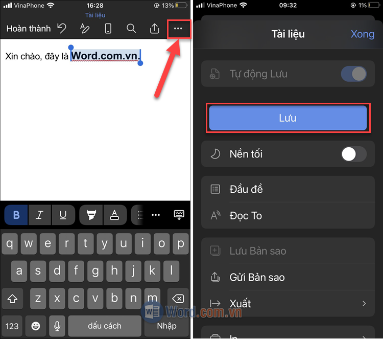 Nhấn Menu chọn Lưu để lưu tài liệu hoặc Xuất để lưu file