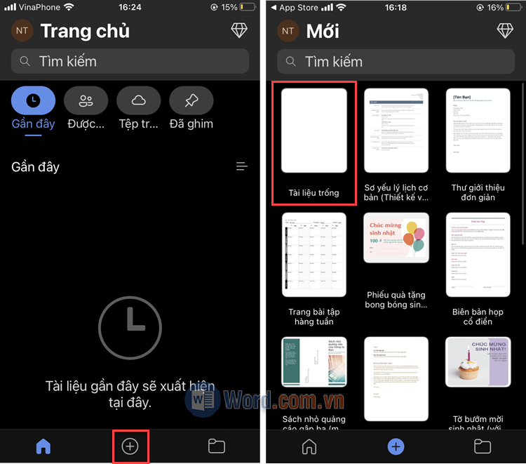Nhấn vào Dấu cộng, sau đó chọn Tài liệu trống