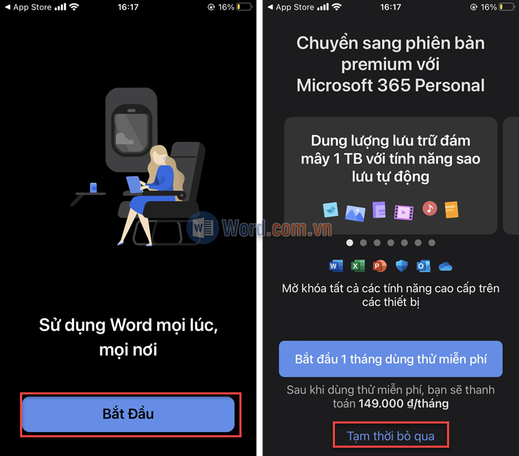Sau khi cài đặt, bạn mở ứng dụng Microsoft Word và chọn Tạm thời bỏ qua