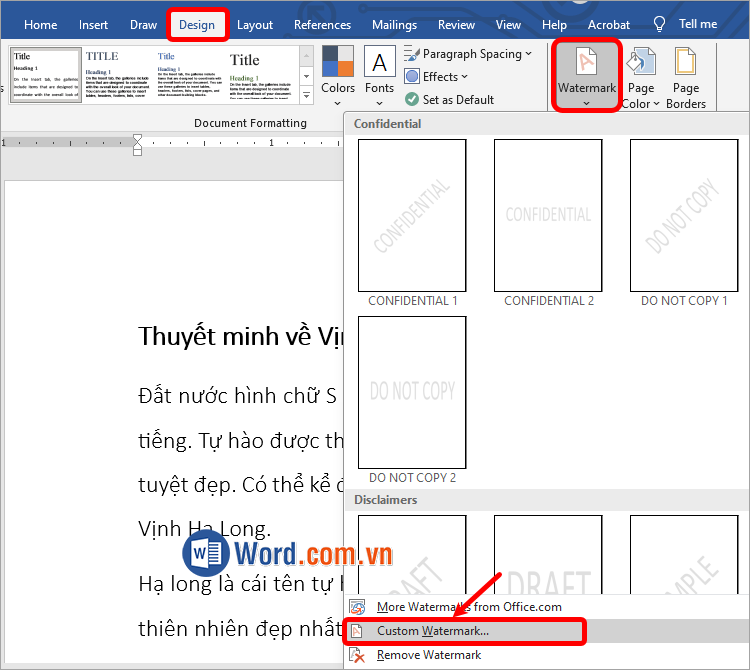 Chọn Design → Watermark → Custom watermark
