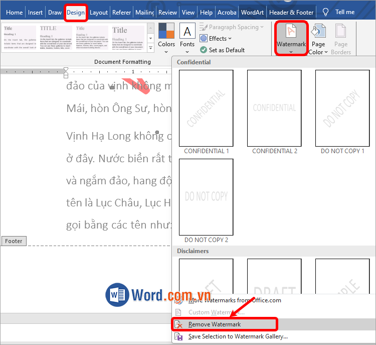 Chọn Design → Watermark → Remove Watermark để xóa watermark