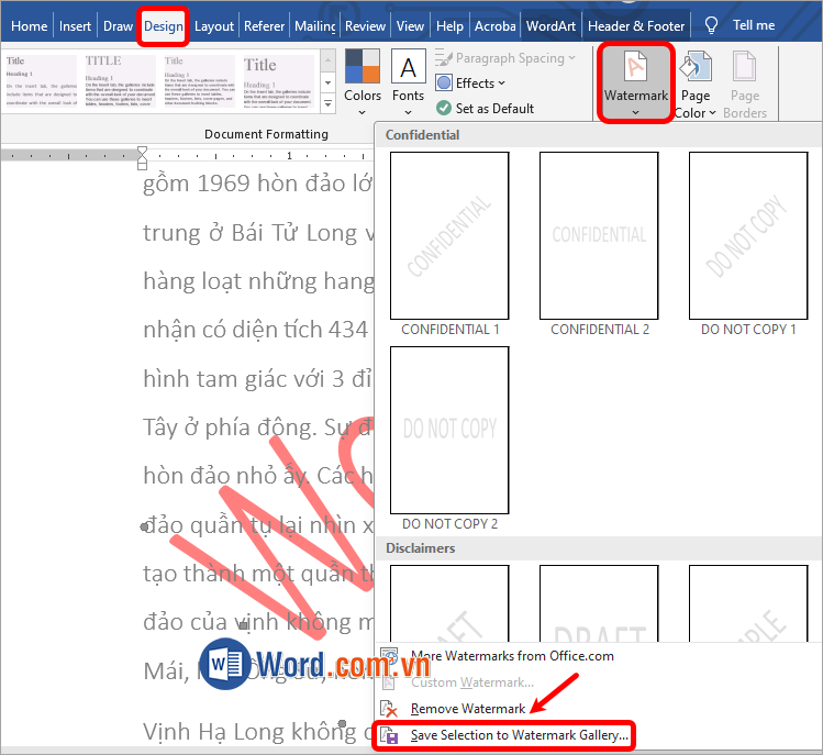 Chọn Design → Watermark → Save Selection to Watermark Gallery
