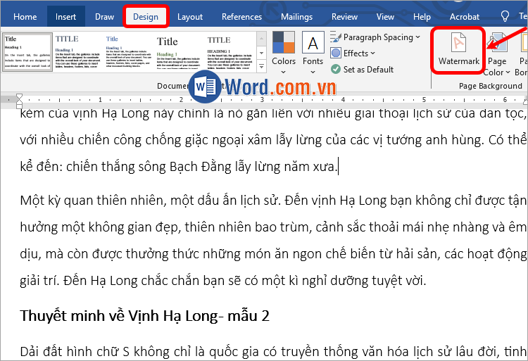 Chọn Design → Watermark