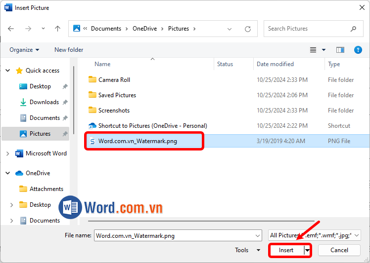 Chọn hình ảnh làm watermark và ấn Insert thêm ảnh