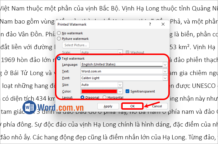 Chọn OK để tạo watermark trong Word bằng văn bản