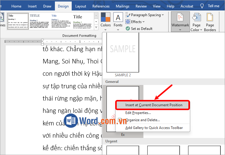 Nhấn chuột phải vào watermark và chọn Insert at Current Document Position