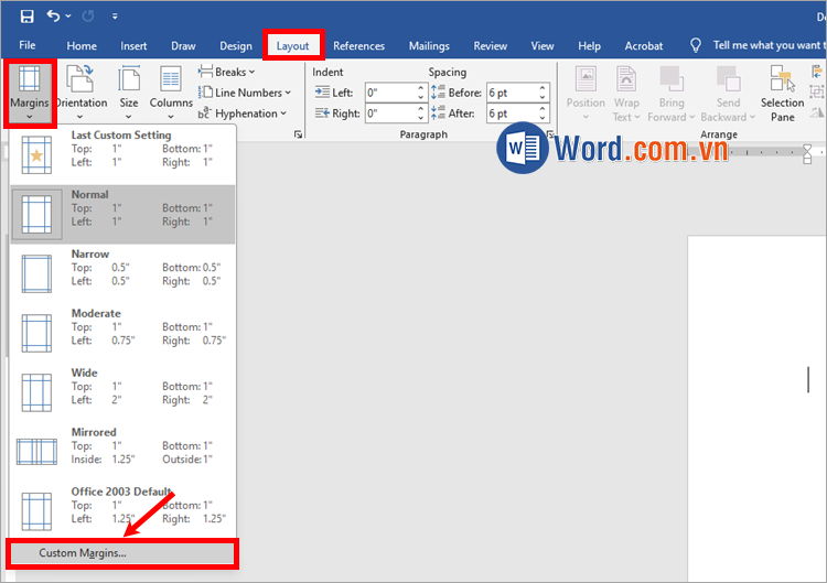 Căn lề cho Flashcard bằng cách chọn Layout → Margins → Custom Margins