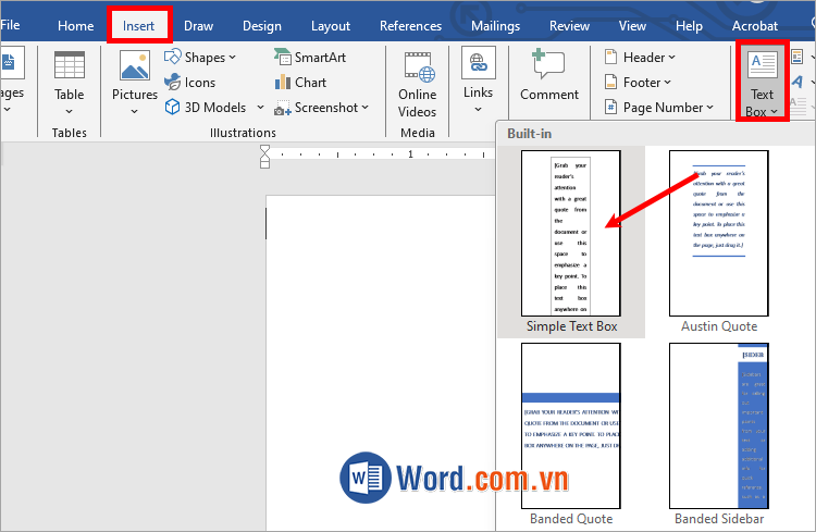 Chọn Insert → Text box → ấn kiểu text box