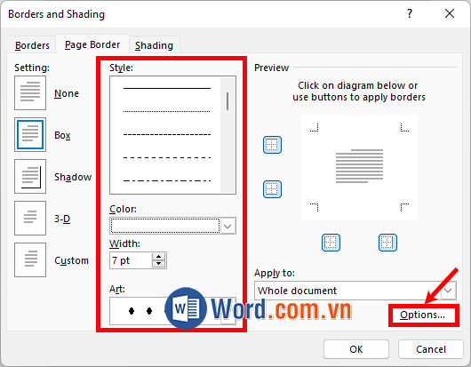 Chọn kiểu khung viền, màu sắc, kích thước phù hợp, rồi ấn Options