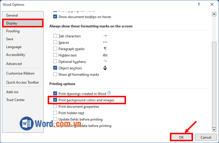 Chọn thẻ Display, tích chọn trước ô Print background colors and images và ấn OK
