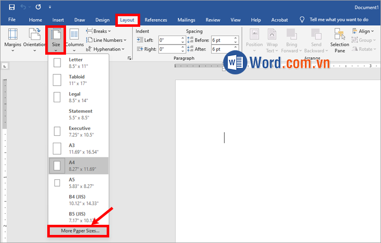 Chọn tiếp Layout → Size → More Paper Sizes