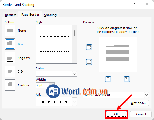 Chọn tiếp OK để đóng Borders and Shading