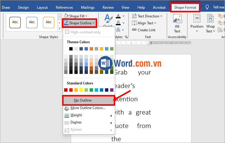 Chọn tiếp Shape Outline → No Outline