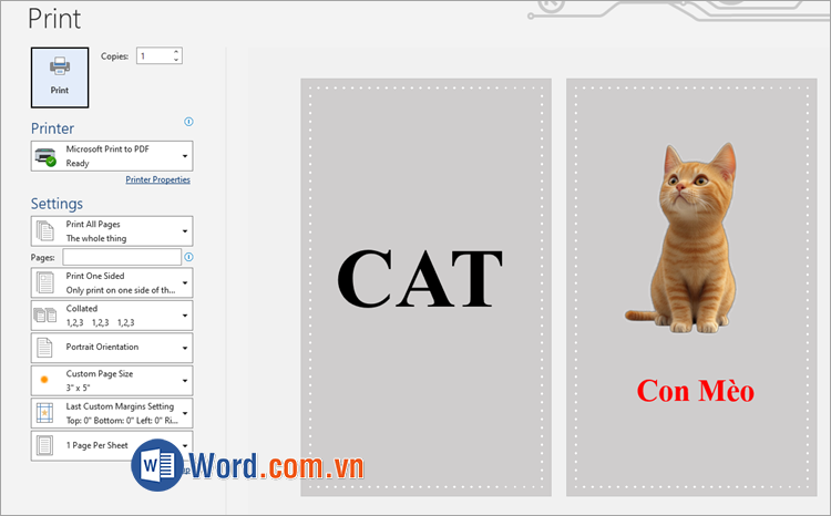 Nhấn tổ hợp Ctrl + P để xem trước khi in và in flashcard