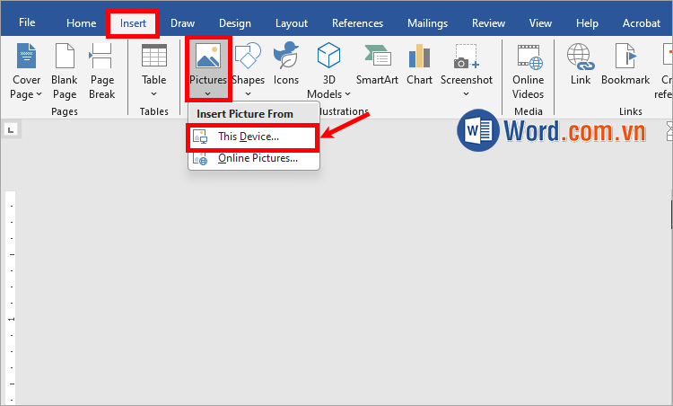Thêm hình ảnh cho flashcard bằng cách chọn Insert → Pictures → This Device