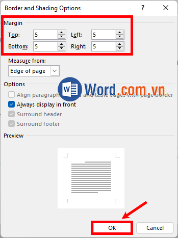 Thiết lập căn lề trong Top (trên), Left (trái), Bottom (dưới), Right (phải) và chọn OK