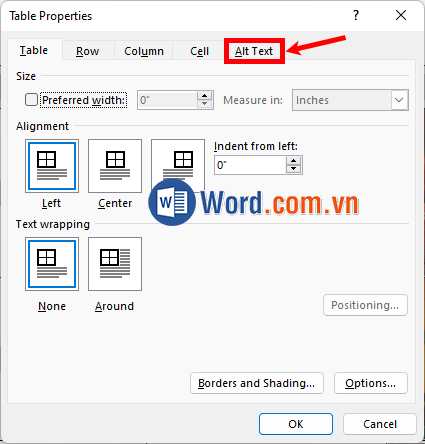 Trong cửa sổ Table Properties, chọn thẻ Alt Text