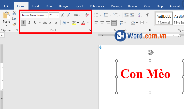 Tùy chỉnh font chữ, màu chữ, kiểu chữ, cỡ chữ trong thẻ Home → Font