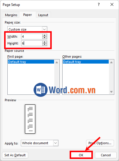 Tùy chỉnh kích thước trong phần With, Height và chọn OK