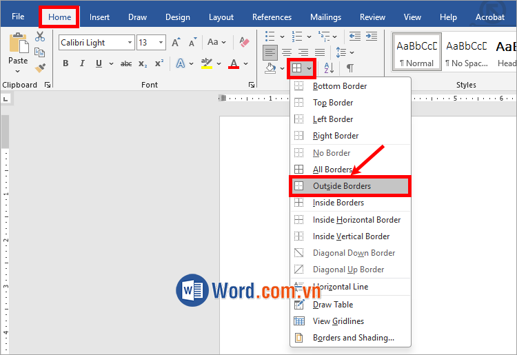 Chọn bảng → Borders → Outside Borders