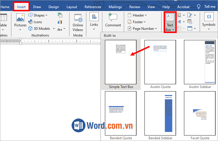 Chọn Insert → Text Box → Simple Text Box