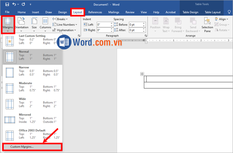 Chọn Layout → Margins → Custom Margins