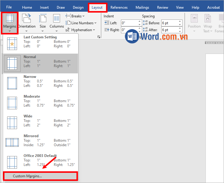 Chọn Layout → Margins → Custom Margins