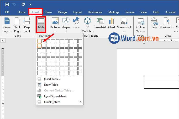 Nhấn Insert → Table → chọn 1 cột và 2 hàng
