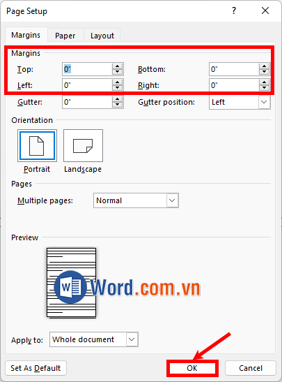 Tùy chỉnh căn lề bằng 0 cho các mục Top, Left, Right, Bottom và chọn OK