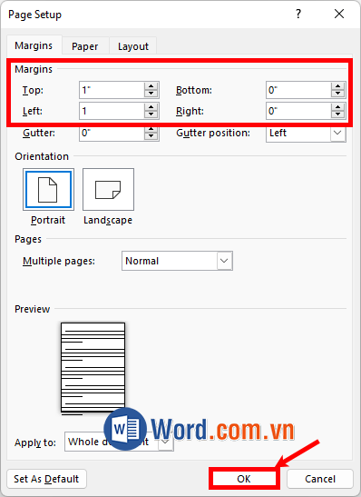 Xuất hiện Page setup, bạn căn lề cho bảng trong 4 mục