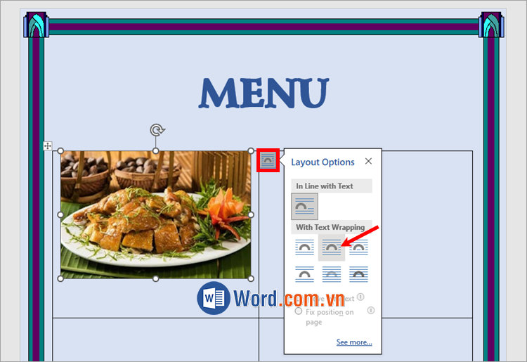 Chọn ảnh → biểu tượng Wrap text → Tight và tùy chỉnh kích thước