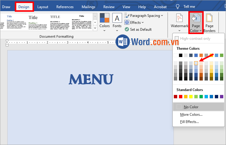 Chọn Design → Page Color → chọn màu nền