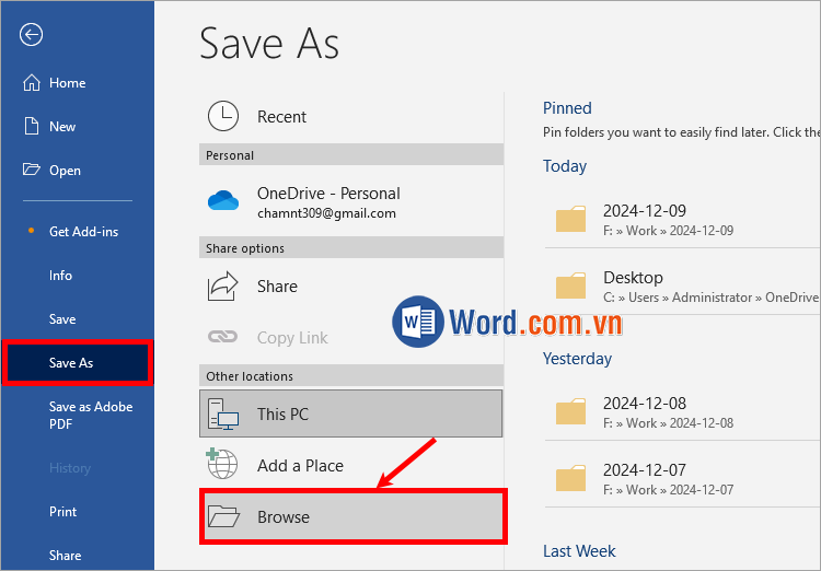Chọn File → Save As → Browse hoặc  nhấn Ctrl + S để lưu lại file