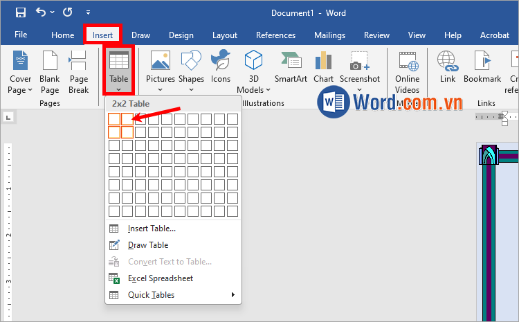 Chọn Insert → Table → chọn số cột, số hàng phù hợp