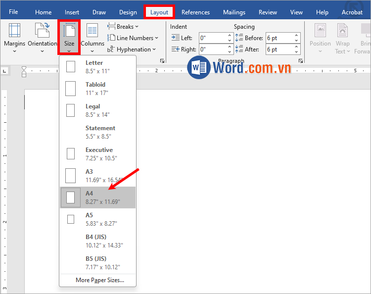Chọn Layout → Size → nhấn size bạn muốn