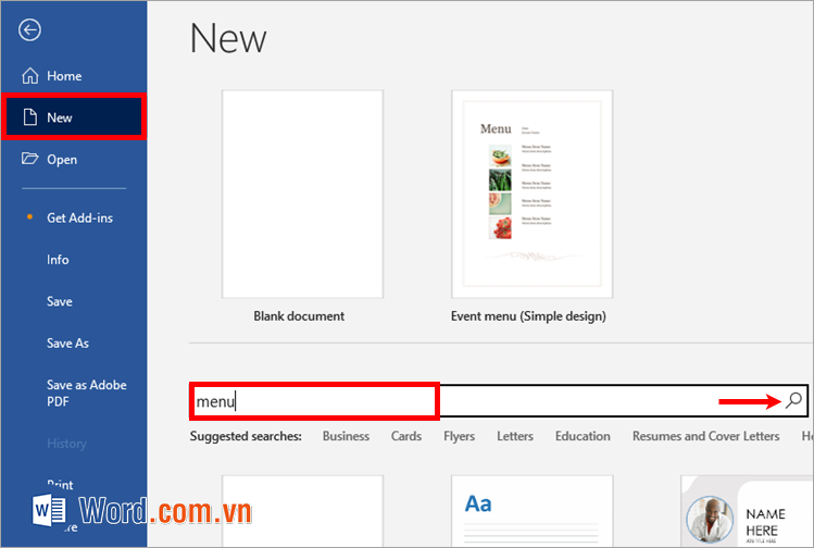 Chọn New, và nhập từ khóa menu và tìm kiếm