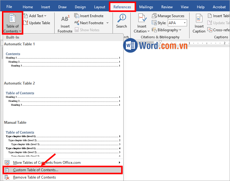 Chọn References → Table of Contents → Custom Table of Contents
