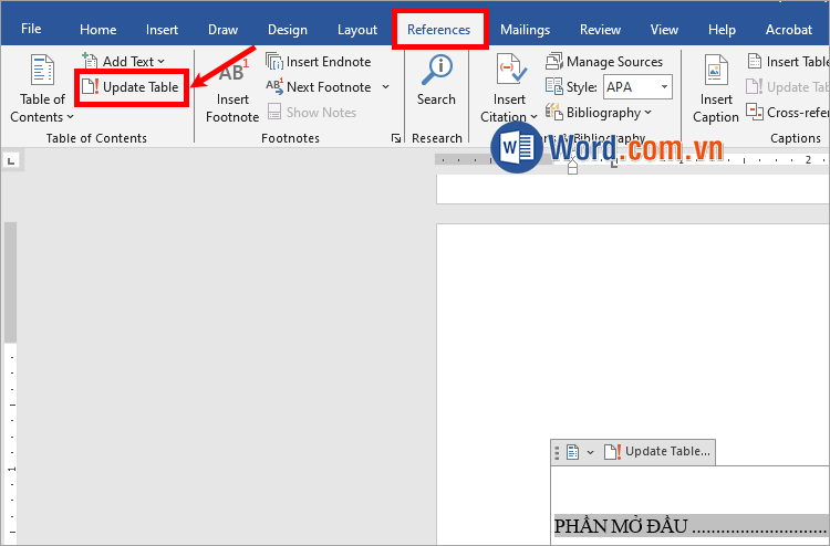 Chọn References → Update Table