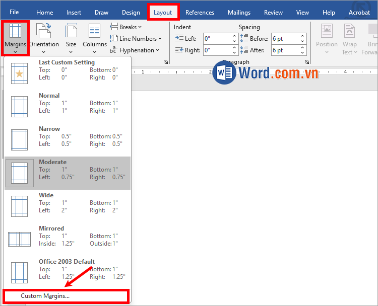Chọn tiếp Layout → Margins → Custom Margins