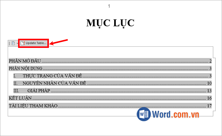 Chọn vào mục lục và ấn Update Table