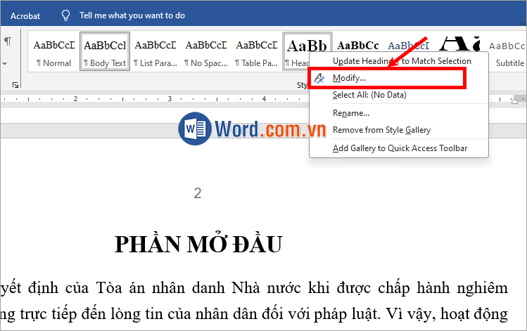 Nhấn chuột phải vào kiểu và chọn Modify
