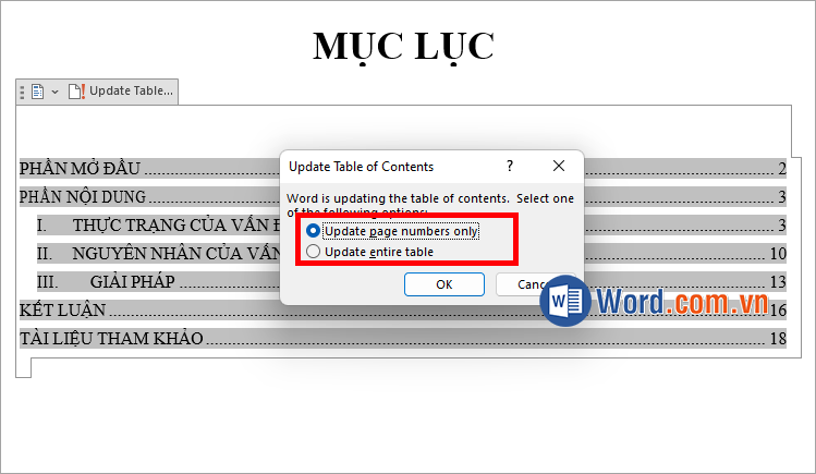 Nhấn OK để cập nhật mục lục tiểu luận trong Word