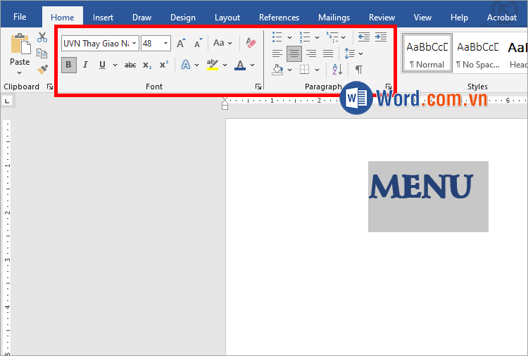 Phần Font của thẻ Home, căn giữa trong thẻ Paragraph
