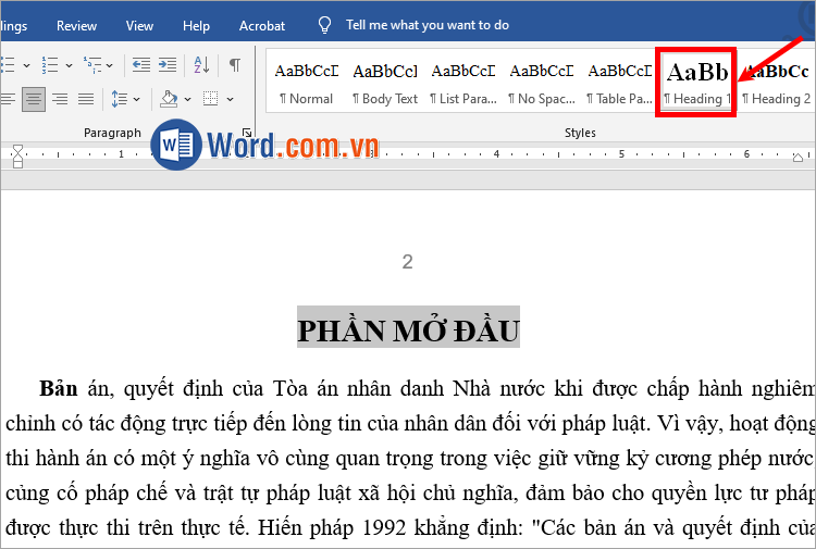 Styles chọn Heading 1 tiêu đề chính hoặc Heading 2 tiêu đề phụ