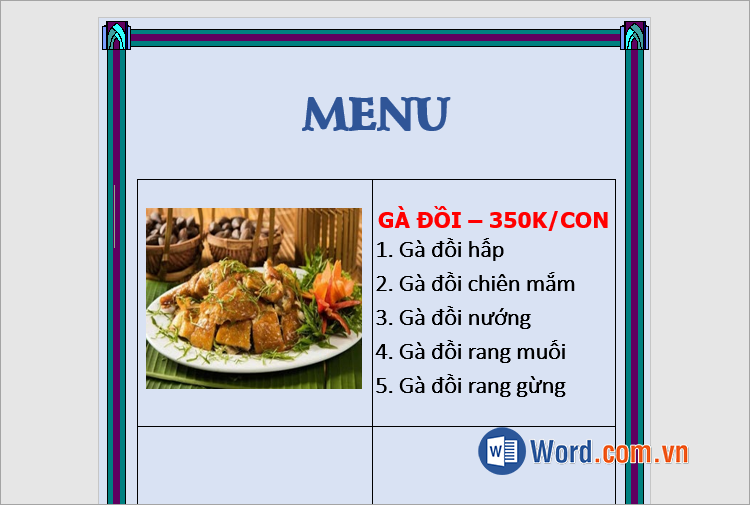 Thêm nội dung tên món, giá vào các ô tiếp theo trong bảng