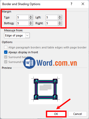 Thiết lập căn lề rồi nhấn OK để đóng Borders and Shading