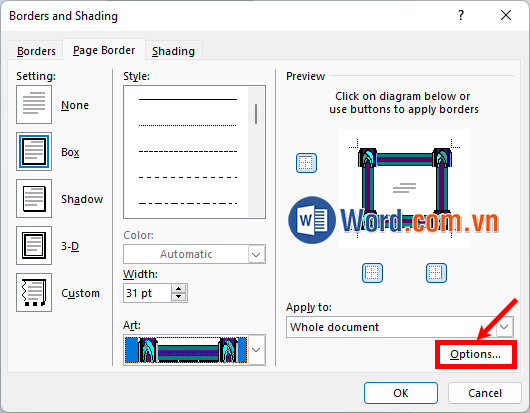 Thiết lập kiểu khung viền, màu sắc, độ rộng sau đó chọn Options